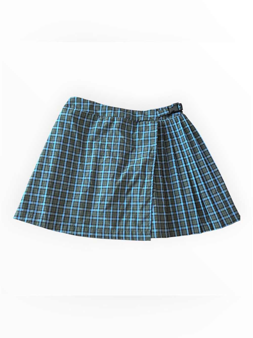 Trendy Blue Plaid Buckled Preppy Pleated Mini Skirt | Size M